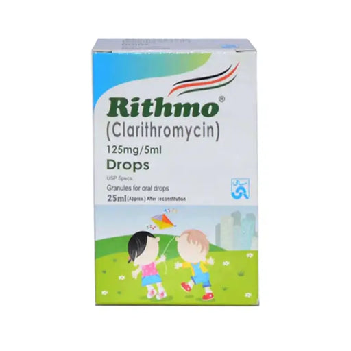 Rithmo Clarithromycin drops packaging with children playing on a grassy field.