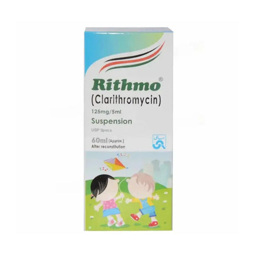Rithmo Clarithromycin suspension bottle and packaging on a white background
