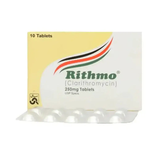 Pack of Rithmo Clarithromycin tablets with a yellow label on a white background