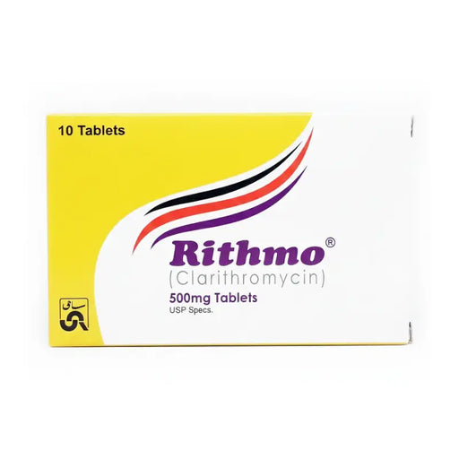 Box of Rithmo Clarithromycin tablets with yellow and white design