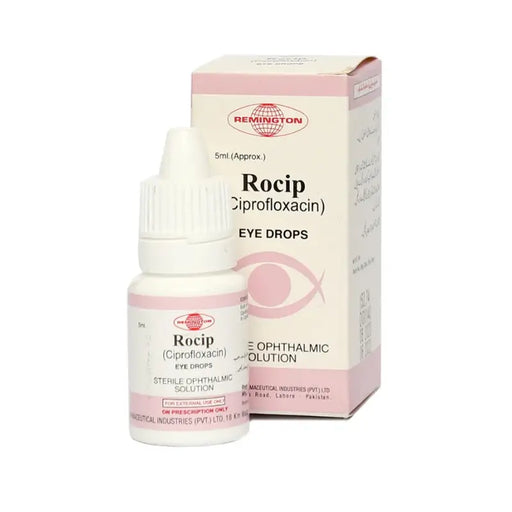 Rocip Ciprofloxacin eye drops with packaging on a white background