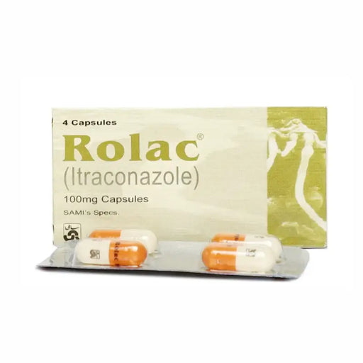 Rolac (Itraconazole) 100mg capsules packaging on a white background
