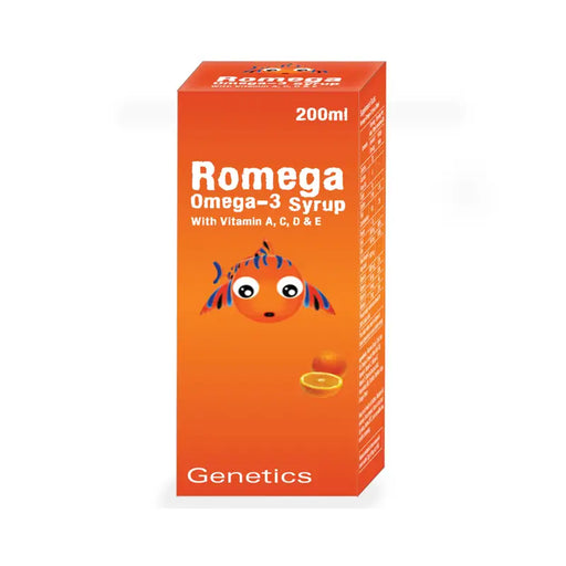 Orange box of Romega Omega-3 Syrup with a cartoon fish character on a white background