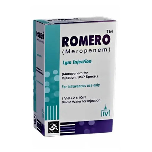 Box of Romero Meropenem injection on a white background