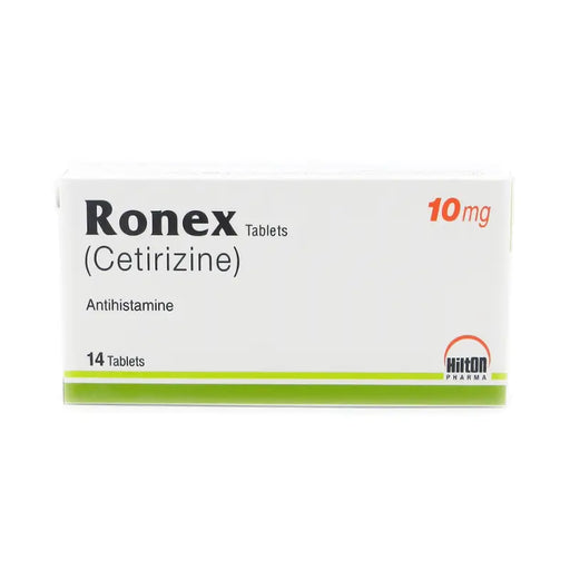 Box of Ronex Tablets (Cetirizine) 10mg with Hutton Pharma logo on a white background