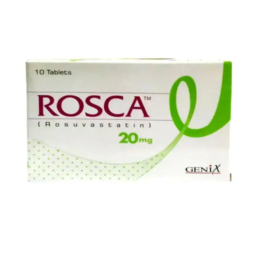 Box of Rosca (Rosuvastatin) 20mg tablets by Genix on a white background