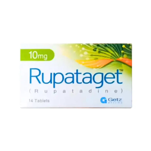 Box of Rupataget 10mg tablets with a white background