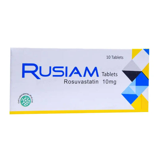 Box of Rusiam Tablets with Rosuvastatin 10mg on a white background