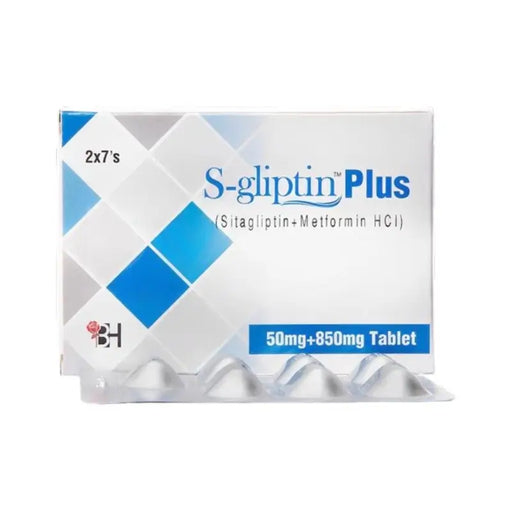 Box of S-gliptin Plus tablets with blue and white design