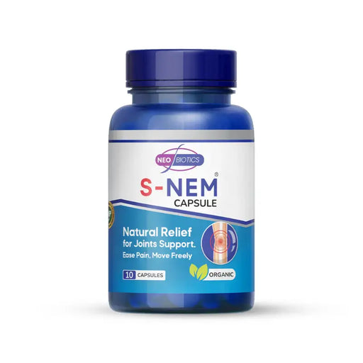 S-NEM capsule bottle with blue and white label on a white background