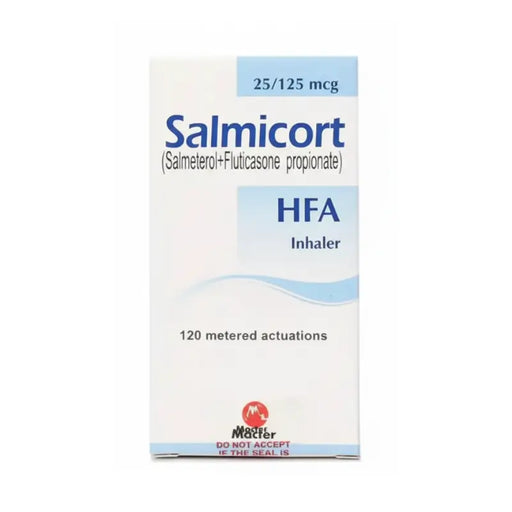 Salmicort HFA inhaler box on a white background