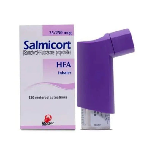 Salmicort HFA inhaler and its packaging on a white background