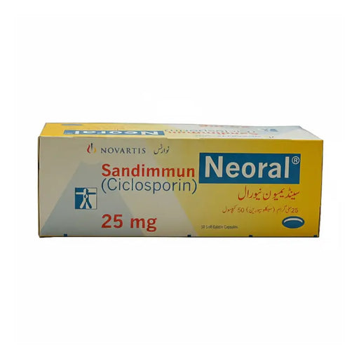 Neoral medication box with Sandimun and Ciclosporin on a white background