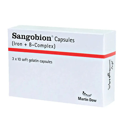 Box of Sangobion Capsules with Iron + B-Complex on a white background