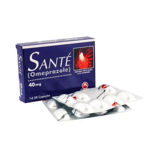 Sante Omeprazole medication packaging with capsules on a white background