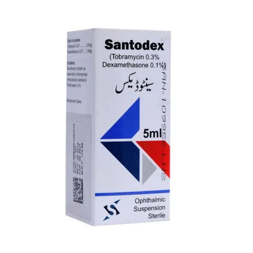 Santodex ophthalmic suspension packaging on a white background