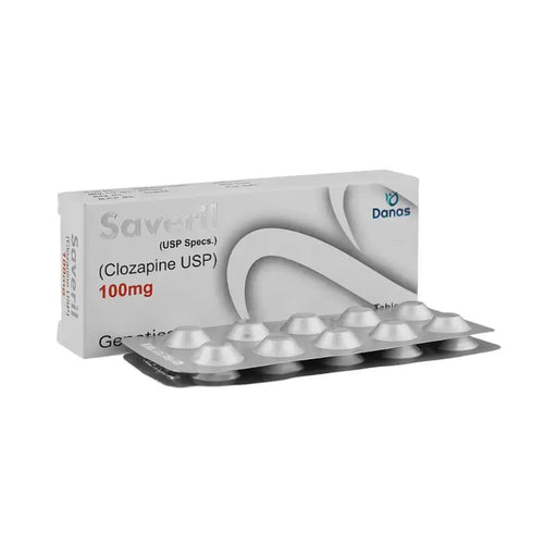 Box of Savelan (Clozapine USP) 100mg tablets with Danas branding on a white background