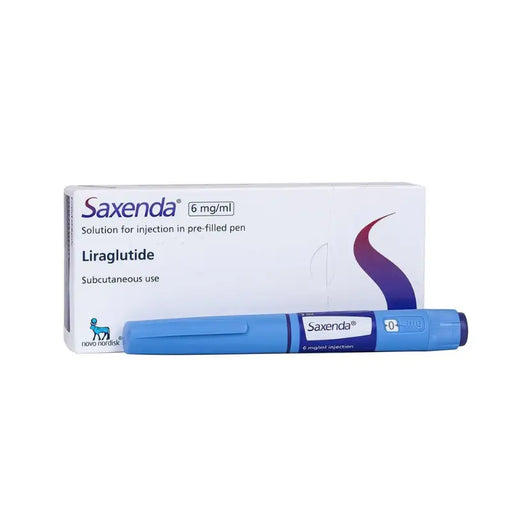 Saxenda injection pen packaging with blue pen and white box on a white background
