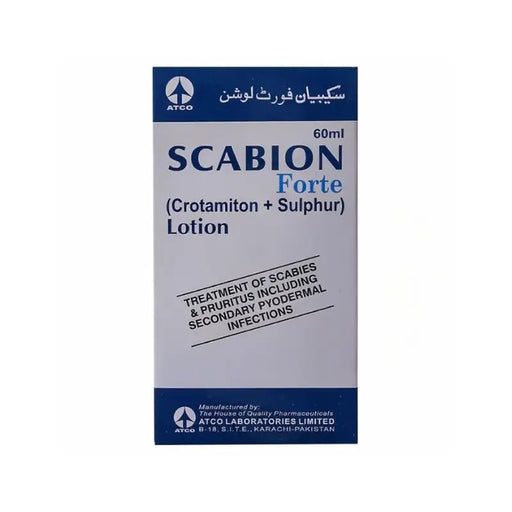 Scabion Forte lotion packaging with Atco branding on a white background