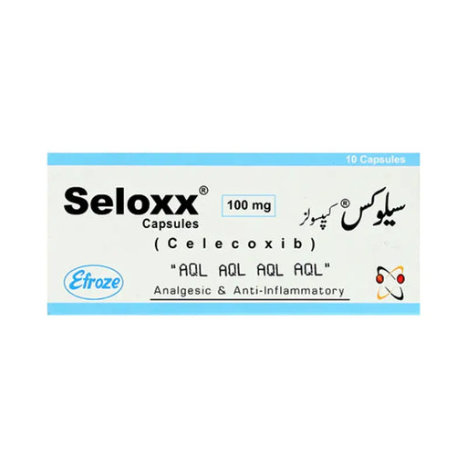 Box of Seloxx capsules with Celecoxib on a white background