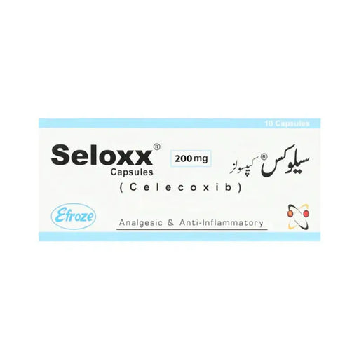Box of Seloxx capsules with Celecoxib on a white background
