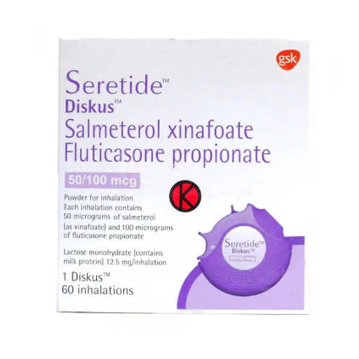 Seretide Diskus packaging with GSK logo on a white background