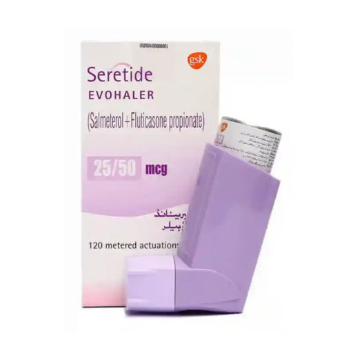 Sertide EVOHALER asthma medication with packaging on a white background