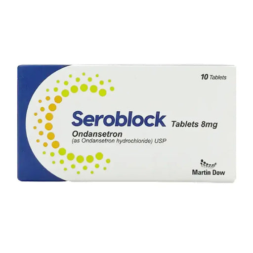 Seroblock medication packaging with branding on a white background