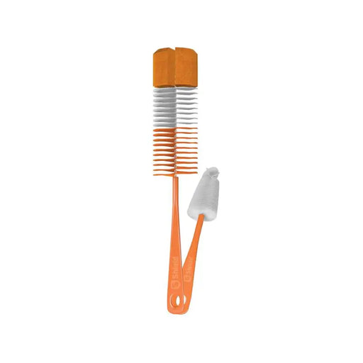 Two cleaning brushes with orange and gray handles on a white background