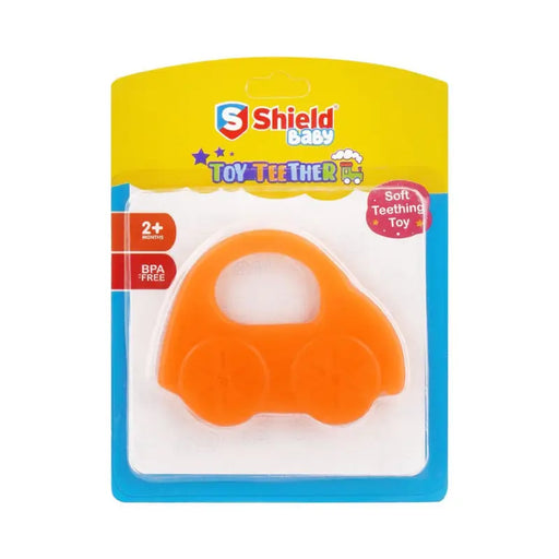 Orange toy teether in packaging with Shield Baby branding on a white background