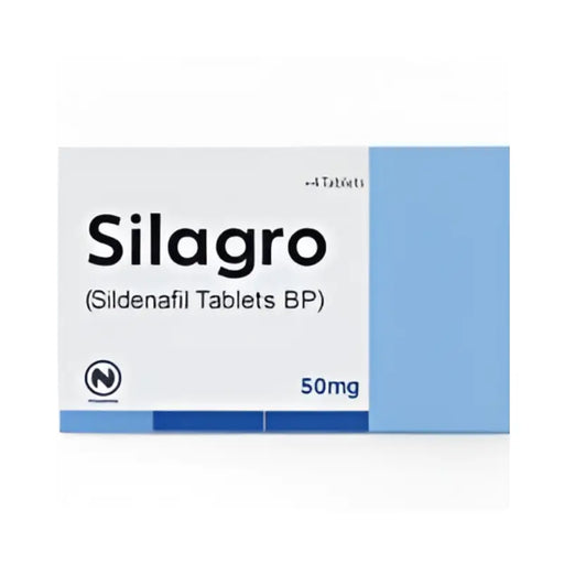Box of Silagro Sildenafil Tablets BP 50mg on a white background