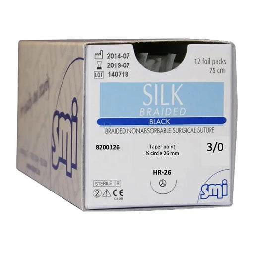 Box of Silk Braided surgical suture with SMI branding on a white background