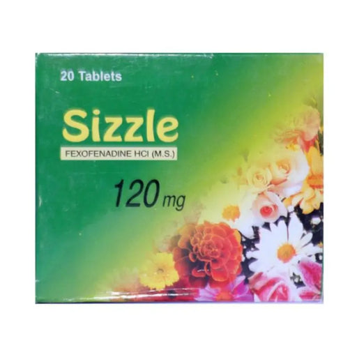Box of Sizzle Fexofenadine HCI tablets with floral design on a white background