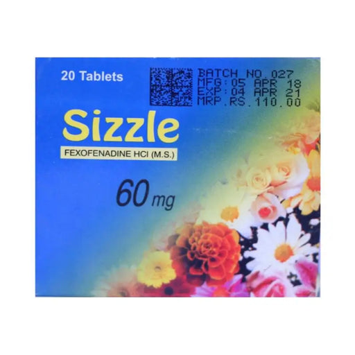 Sizzle Fexofenadine HCI packaging with colorful flowers on a blue background