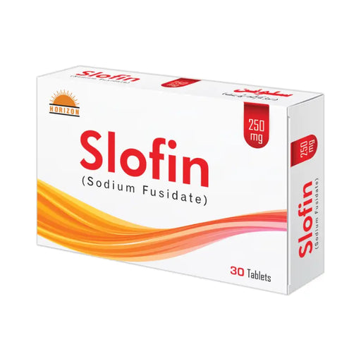Box of Slofin Sodium Fusidate tablets with red and orange design on a white background