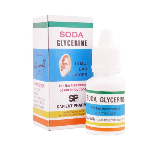 Soda Glycerine ear drops packaging with box on a white background