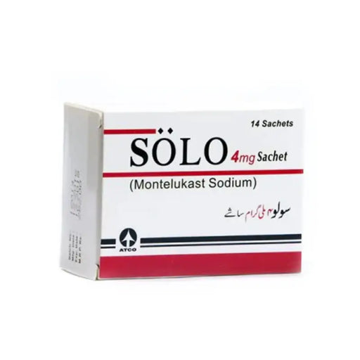 Box of SÃ¶lo 4mg Sachet Montelukast Sodium on a white background