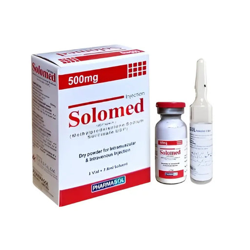 Solomed packaging with a bottle and syringe on a white background