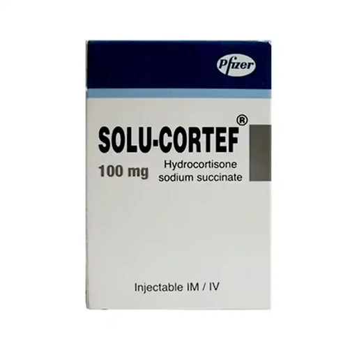 Solu-Cortef box by Pfizer on a white background