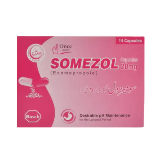Pink box of Somezol capsules with branding and text on a white background