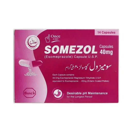 Box of Somezol capsules 40mg on a white background