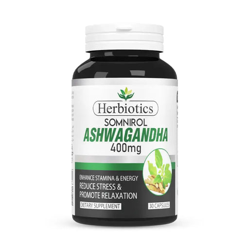 Herbiotics Somnirol Ashwagandha supplement bottle on a white background