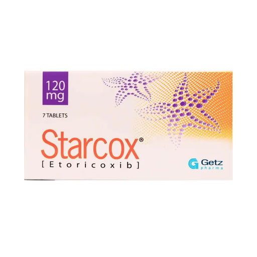 Box of Starcox tablets with Getz Pharma logo on a white background