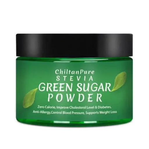 Green jar of ChiltanPure Stevia Green Sugar Powder with black lid on a white background
