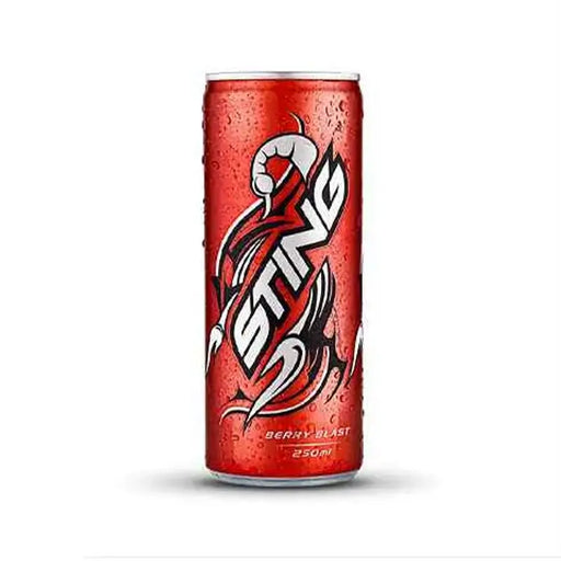 Red can with 'Sting' logo on a white background