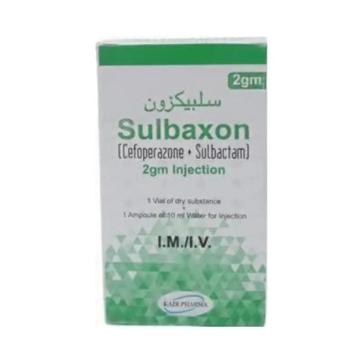 Sulbaxon injection packaging with green and white design on a white background