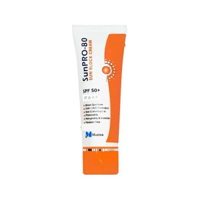 Sun block cream tube labeled 'SunPro-80' with SPF 50+ on a white background