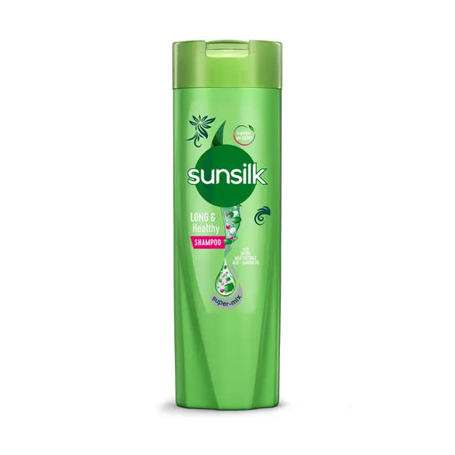 Sunsilk shampoo bottle with green label on a white background