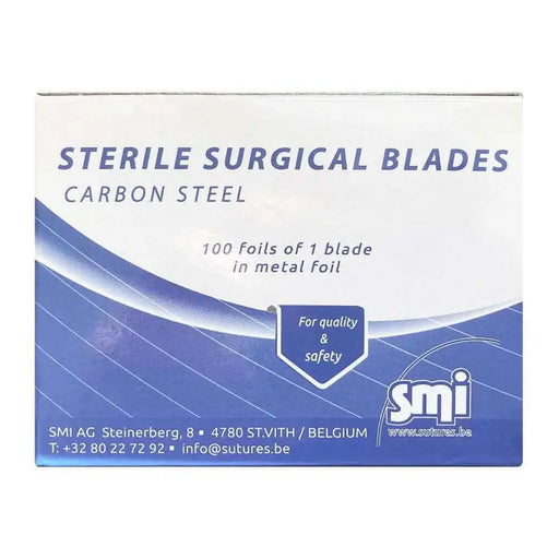 Box of sterile surgical blades with SMI branding on a white background