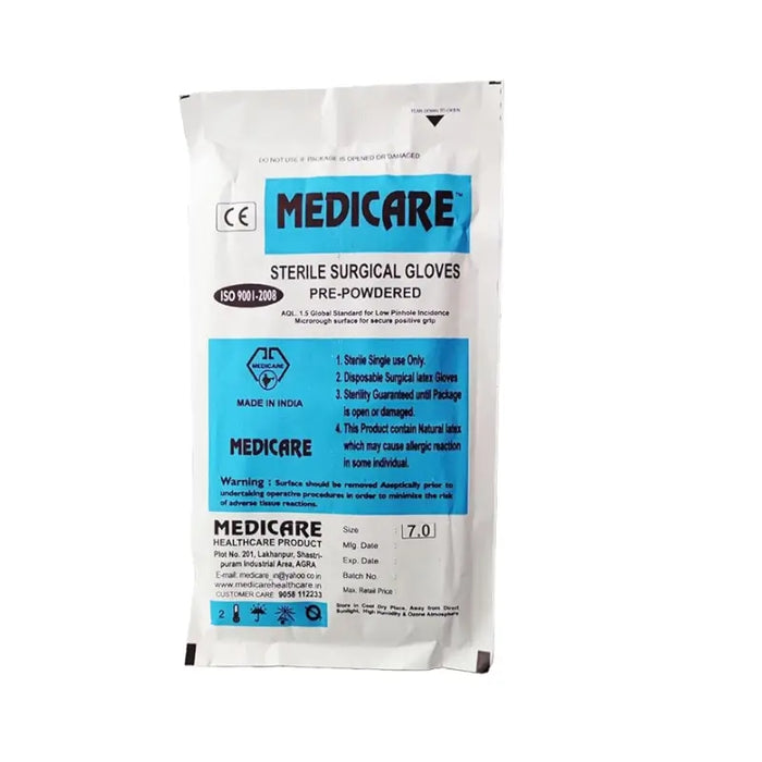 Pack of Medicare sterile surgical gloves on a white background